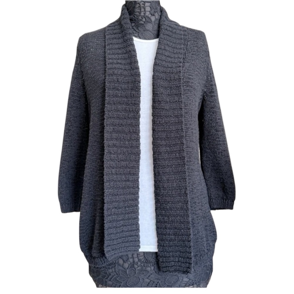 Chico’s Black Cotton Knit Open Wrap Shawl Collar Cardigan Sweater Medium…